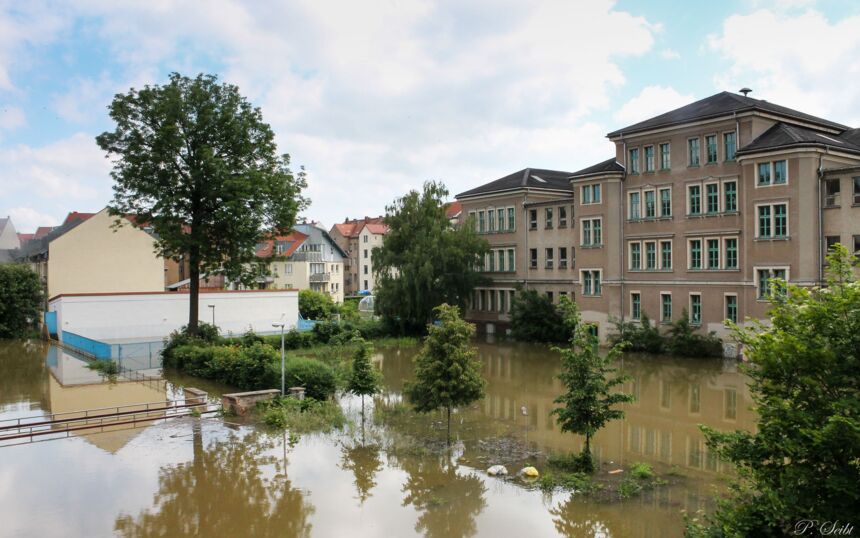 Elbe-Hochwasser 2013 in Meißen, Triebisch und alte Neumarktschule
