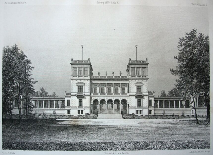 Frontalansicht von Schloss Dwasieden, 1879 im Architektonischen Skizzenbuch veröffentlicht